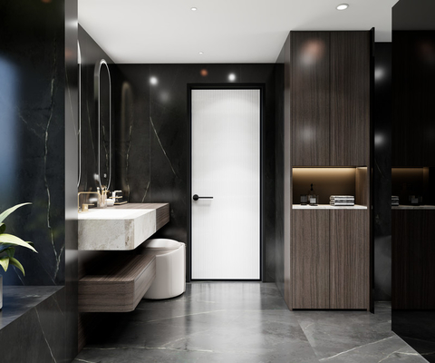 Stainless Steel Bathroom Vanity With Woodgrain Finish And Split Design