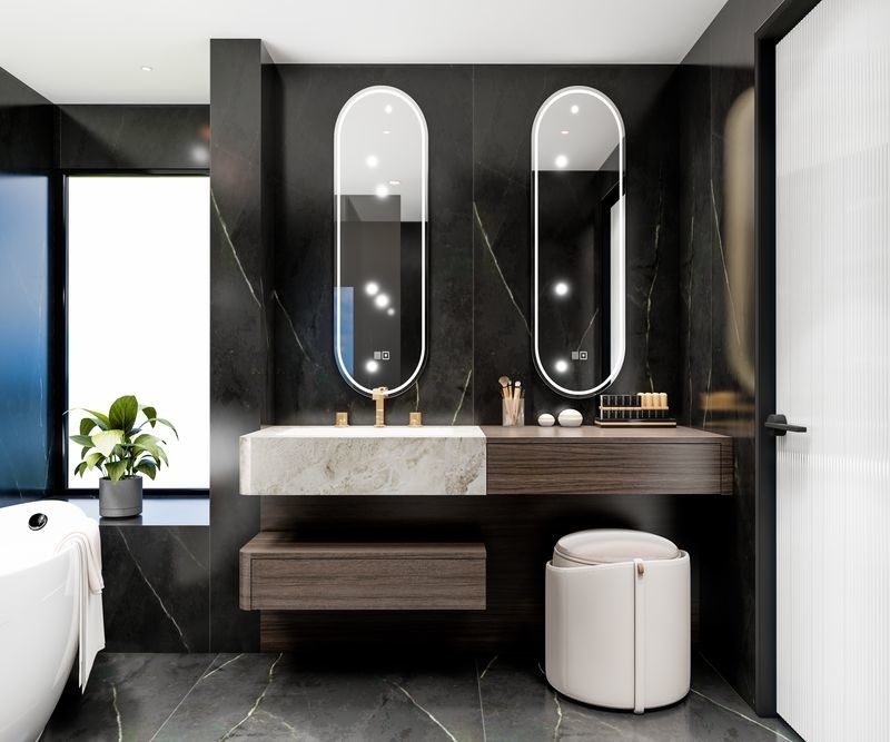 Stainless Steel Bathroom Vanity With Woodgrain Finish And Split Design