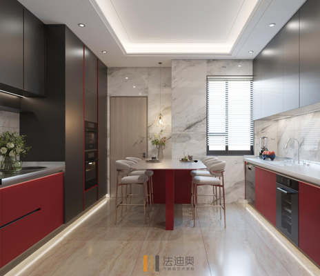 Linha minimalista Gabinete de cozinha moderno em vermelho e preto com balcão estendido