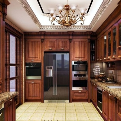 Elegante, luxuoso e funcional armário de cozinha de aço inoxidável com cores ricas e bancas de mármore requintadas