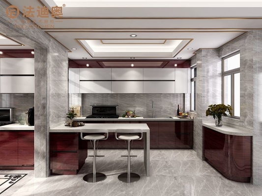 Armários de cozinha de aço inoxidável elegantes, duráveis e minimalistas, com elegantes acentos de sequoias e quartzo