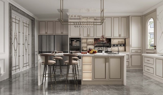 Elegante e elegante gabinete de cozinha Beige moderno com opulento aço inoxidável de mármore branco