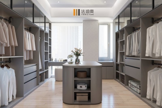 Prático Contemporâneo Meridiano Cinzento Custom Walk In Closet With Floating Vanity