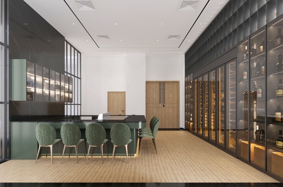 Armário de vinhos de aço inoxidável com armazenamento e assentos em preto elegante