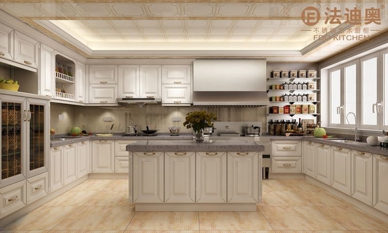 Armário de cozinha moderno de aço inoxidável branco com painel de porta de perfil e alças de ouro