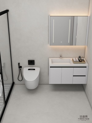 Vanidade de banheiro de aço inoxidável branco e intemporal montada na parede com armário de espelhos