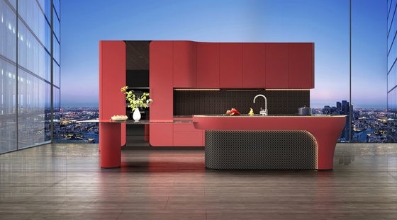 Armário de cozinha de aço inoxidável vermelho com balcão SS sólido