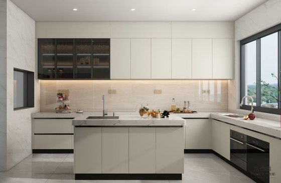 Armário de cozinha em forma de U de aço inoxidável com design integrado perfeitamente