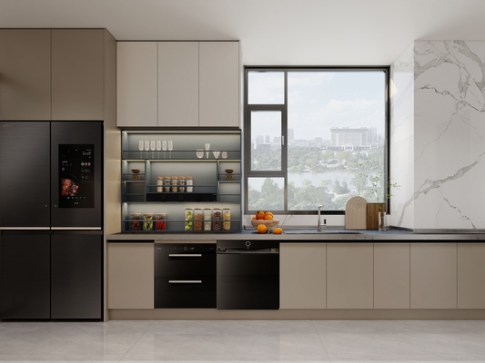 Armário de cozinha em forma de U de aço inoxidável com design integrado perfeitamente