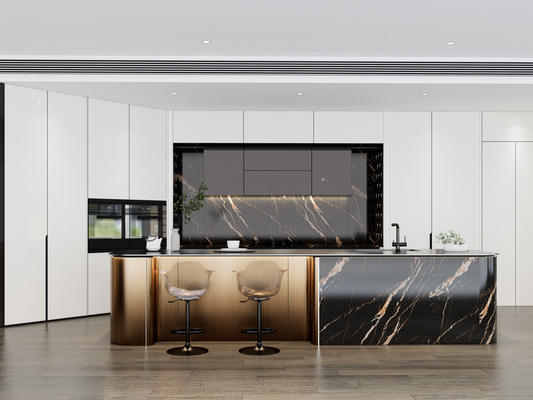 Armário de cozinha moderno de luxo com ilha de ouro metálico curvo multifuncional