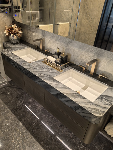 Fadior Luxe Arc â Stainless Steel Bathroom Vanity With Woodgrain Doors & Quartz Top - Doors: Warm woodgrain with bathroom vanity overview